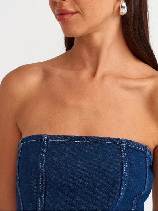 Strapless Blue Denim Mini Dress with Belt Details - Picture 9 of 13